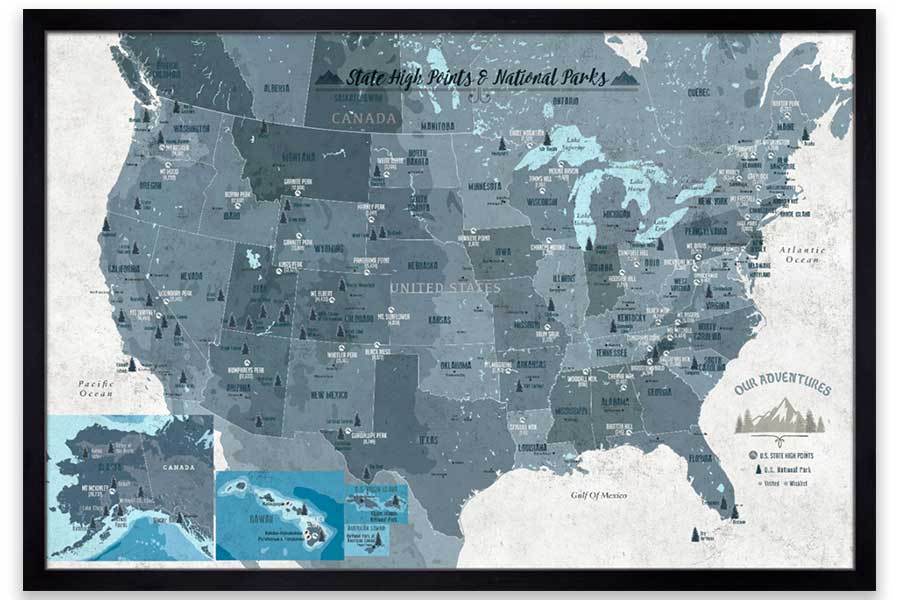 Framed Map of State High Points, Includes 61 National US Parks Map World Vibe Studio