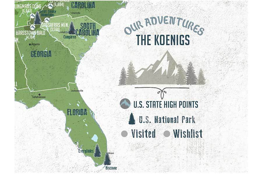 State High Points Map, Foam Mounted, Push Pin Board Map World Vibe Studio