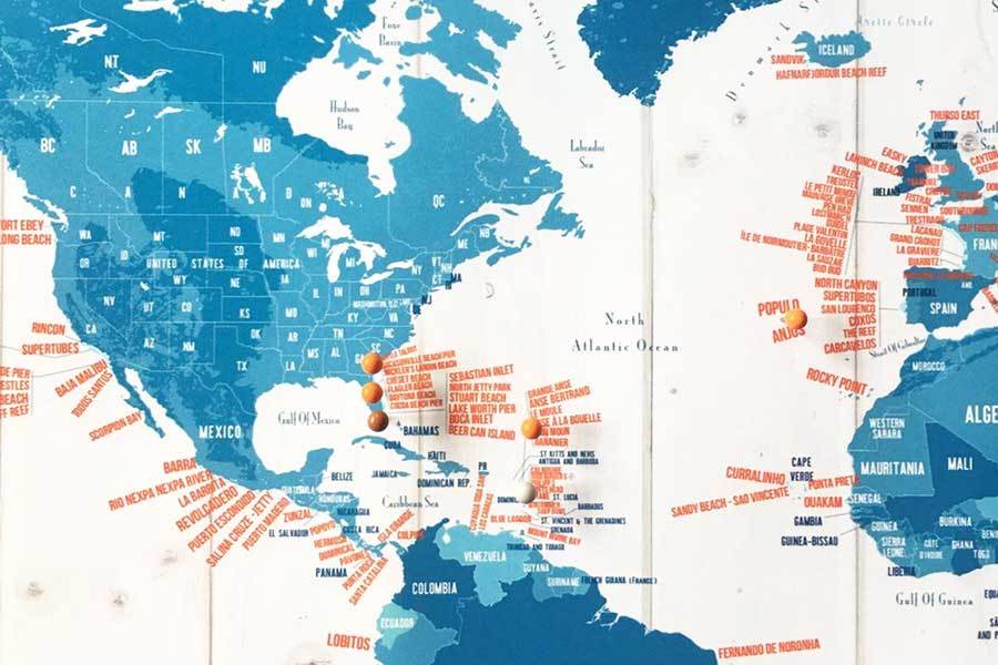 Surfing Map, Foam Mounted with Push Pins Map World Vibe Studio