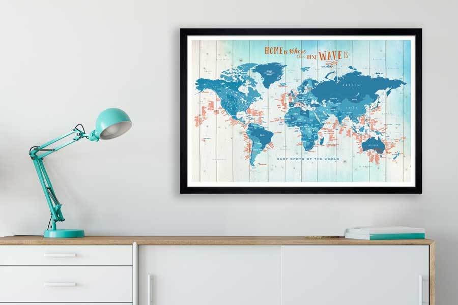 Framed push pin map, Surfing Spots Map World Vibe Studio