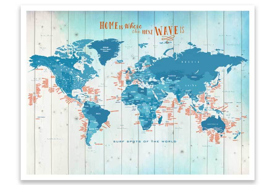 Surfing Map, Foam Mounted with Push Pins Map World Vibe Studio