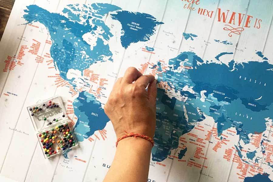 Surfing Map, Foam Mounted with Push Pins Map World Vibe Studio