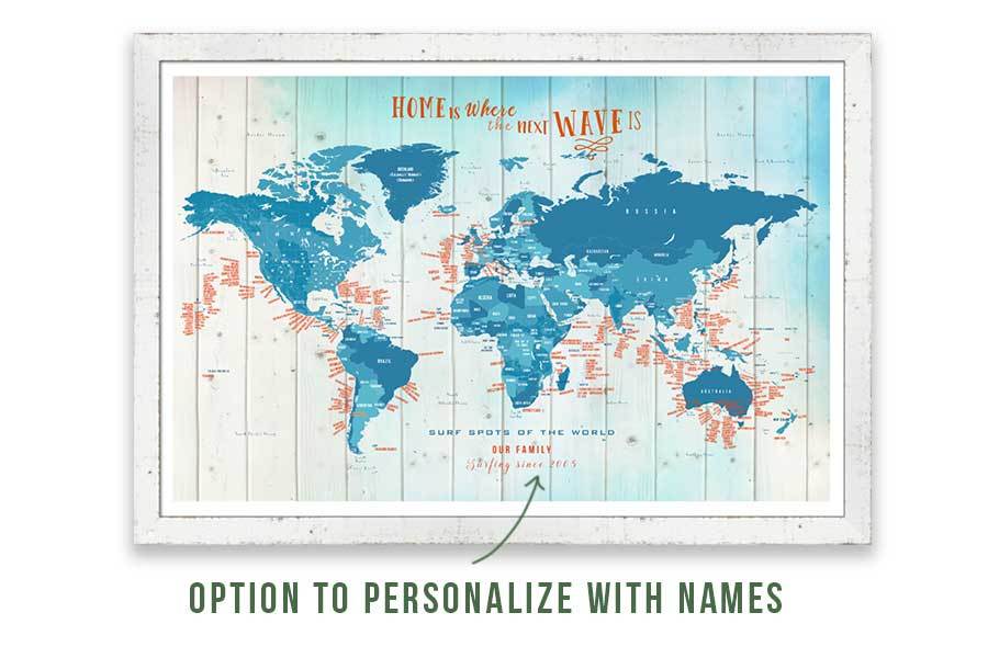 Framed push pin map, Surfing Spots Map World Vibe Studio