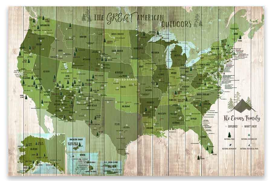 Forest System Map and US National Parks, Push Pin Canvas Board Map World Vibe Studio 18X24 Green