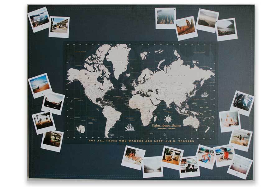 World Map on Canvas, Photo Board, Large, Pins included, 48 W X36 H Map World Vibe Studio