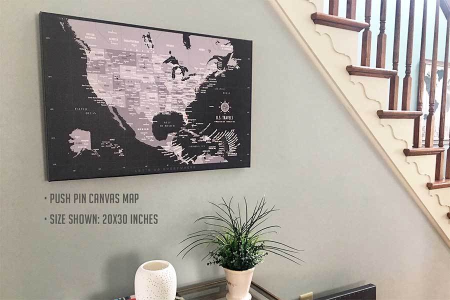 US Map with Caribbean, Canvas Board, Modern Charcoal Map World Vibe Studio