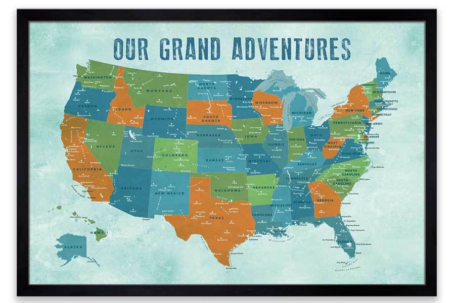 Map of USA, Poster, Orange and teals, Wall Decor Map World Vibe Studio
