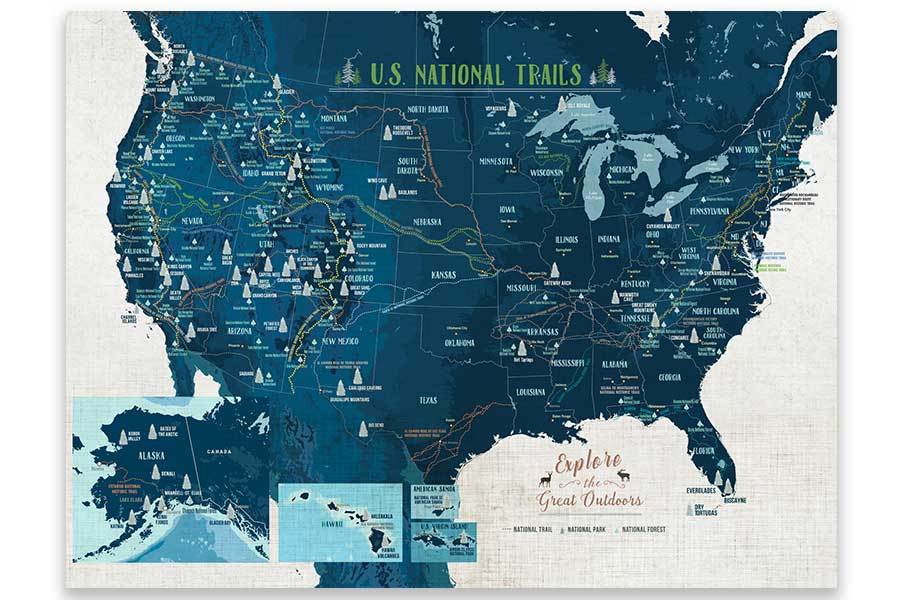 National Trails of USA, Poster Map World Vibe Studio 18X24 Blues