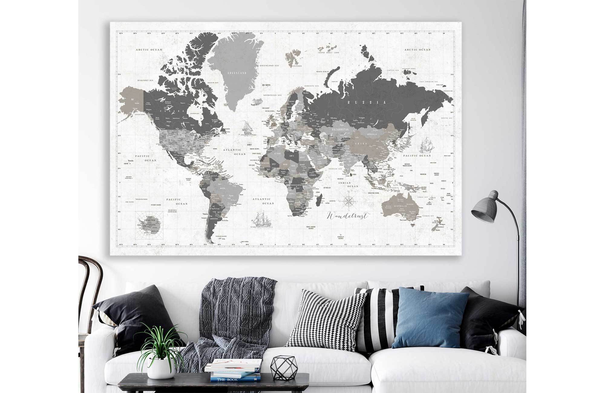 Push Pin Canvas Map, Neutral, Many Sizes Map World Vibe Studio