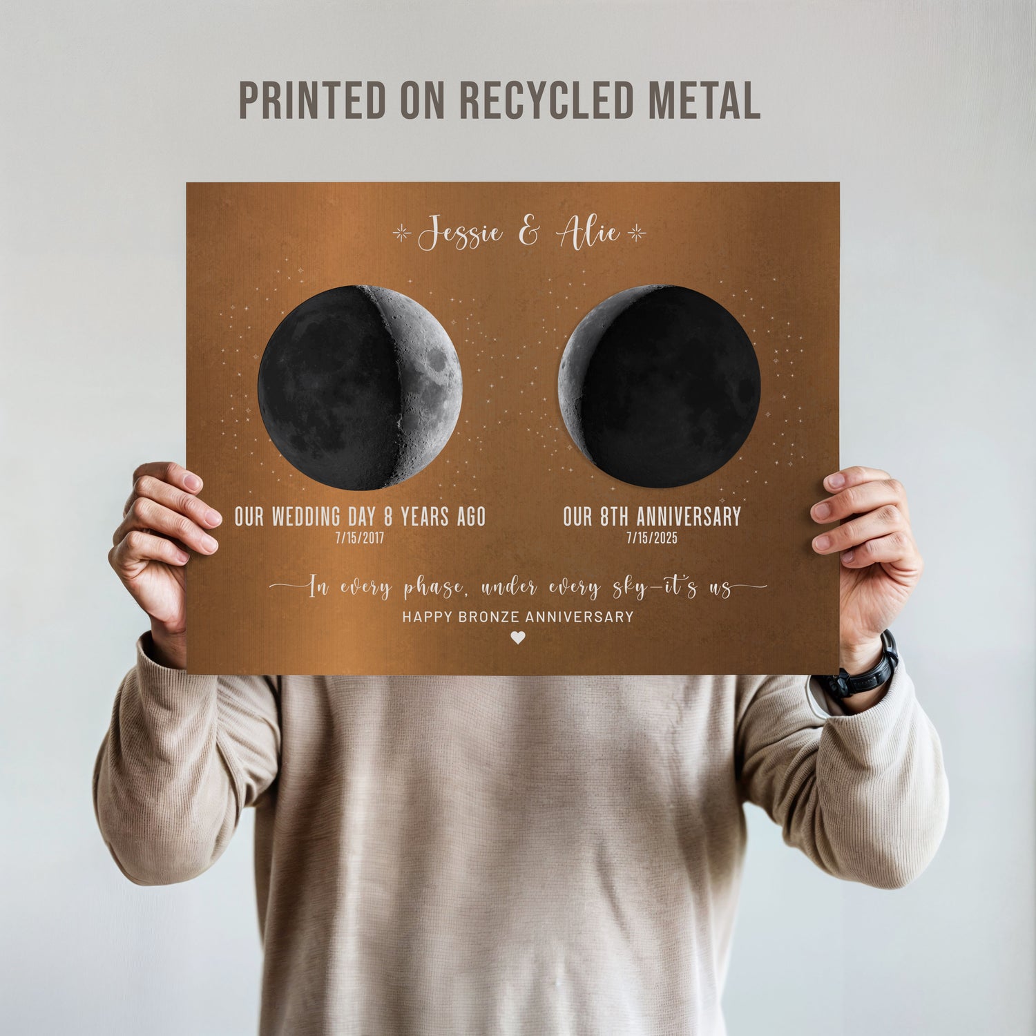 Personalized Bronze Anniversary Gift for Wife or Husband, 8th Wedding, Moon Phase Metal Print