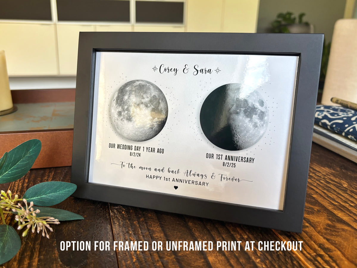 1st Anniversary Gift for Husband or Wife — Personalized Moon Phase Paper Print