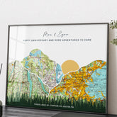 1st paper anniversary gift for him. framed map artwork with personalized text on a wall.