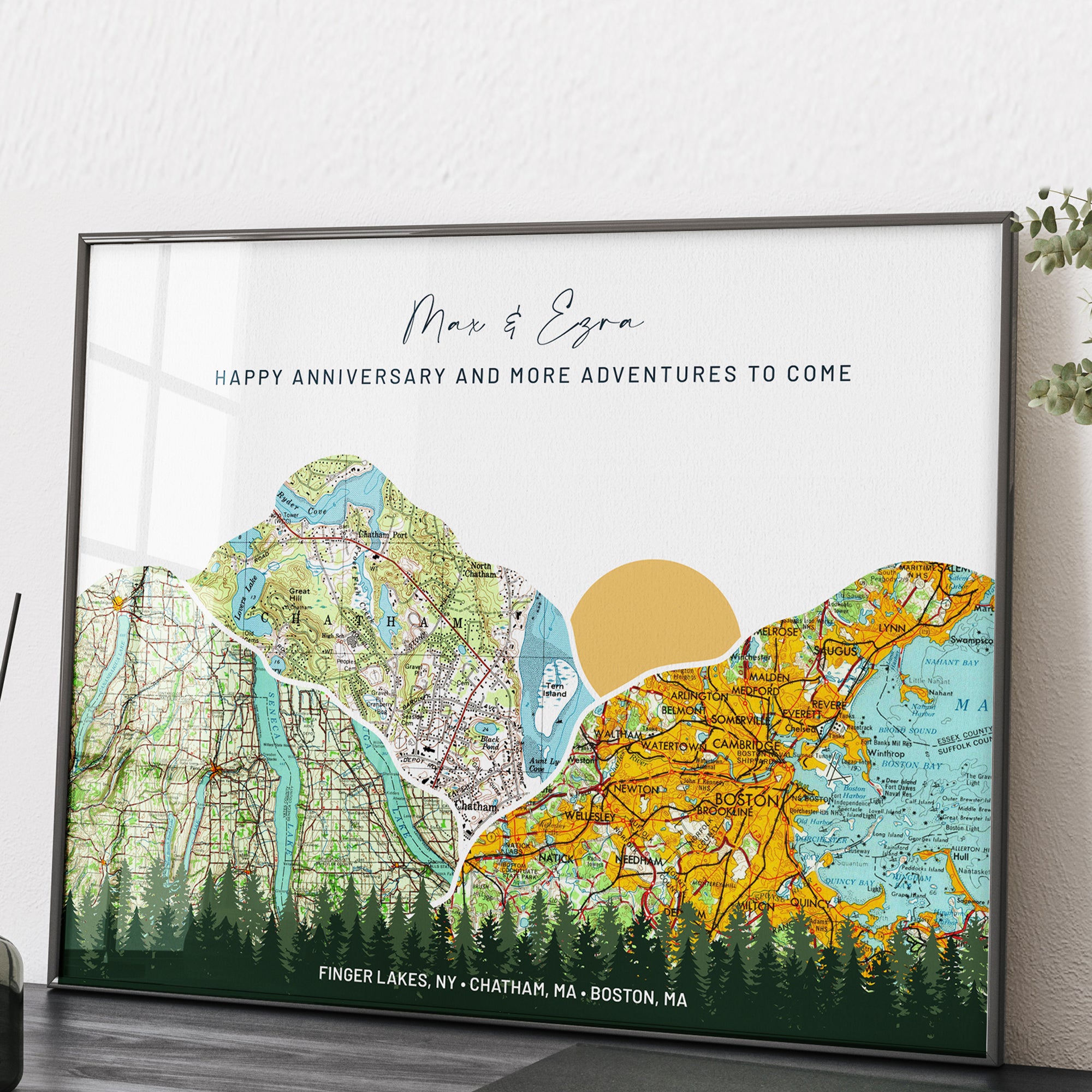 1st paper anniversary gift for him. framed map artwork with personalized text on a wall.