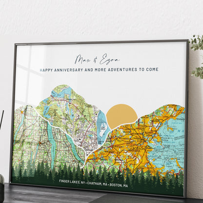 1st paper anniversary gift for him. framed map artwork with personalized text on a wall.