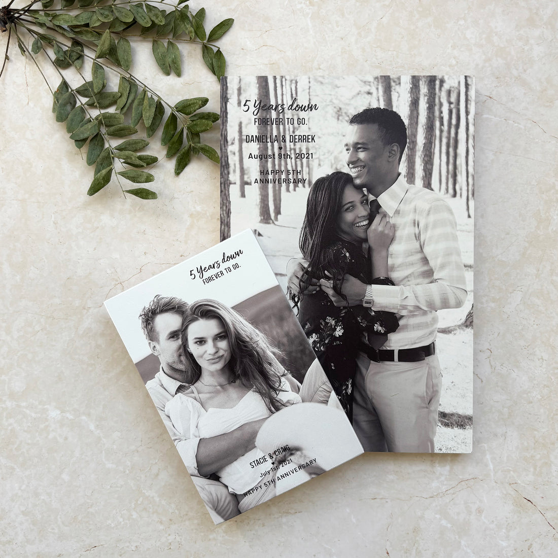 Personalized photo print on wood with custom quote, styled as a 5th anniversary wood gift flat-lay