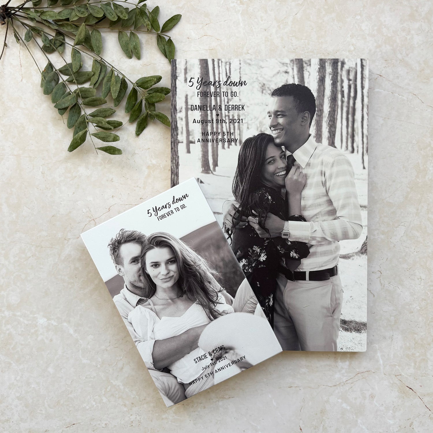 Personalized photo print on wood with custom quote, styled as a 5th anniversary wood gift flat-lay