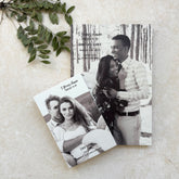 Personalized photo print on wood with custom quote, styled as a 5th anniversary wood gift flat-lay