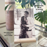 Custom wood photo print sitting on a tabletop wooden pedestal, a perfect 5 year wedding anniversary keepsake