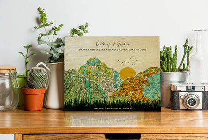 Custom wood anniversary gift for her — mountains made from maps of meaningful places