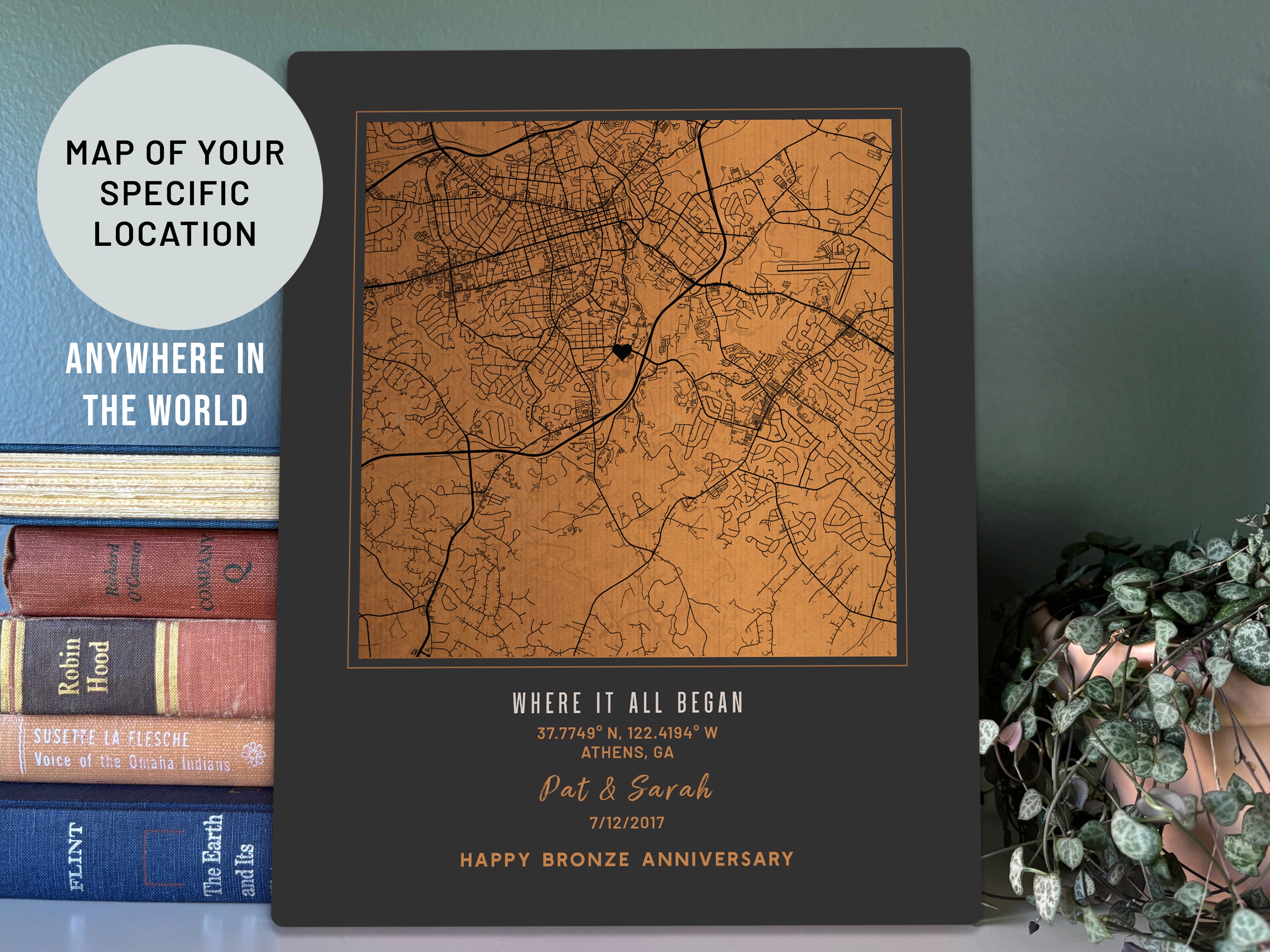 8th Anniversary Gift: Personalized Bronze City Map on Metal – Custom &