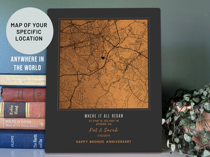 8th Anniversary Gift: Personalized Bronze City Map on Metal – Custom &