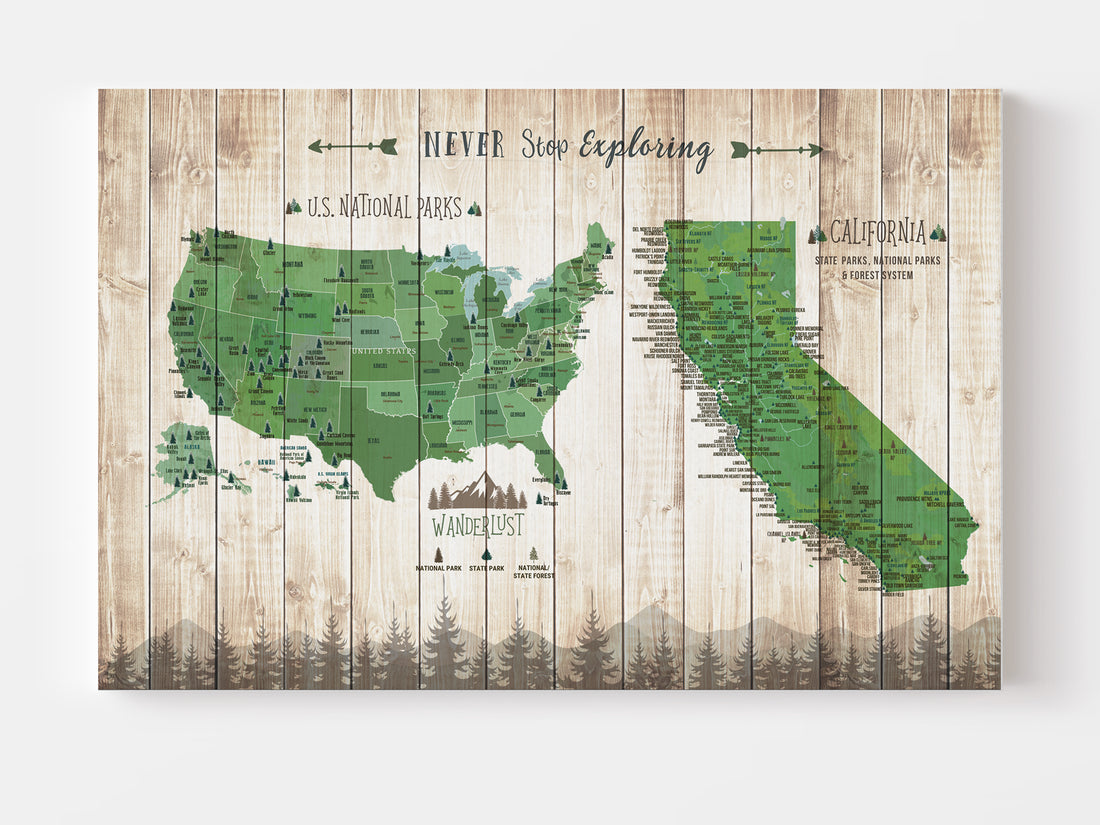 California State Park and USA National Park map, push pin tracker board Canvas