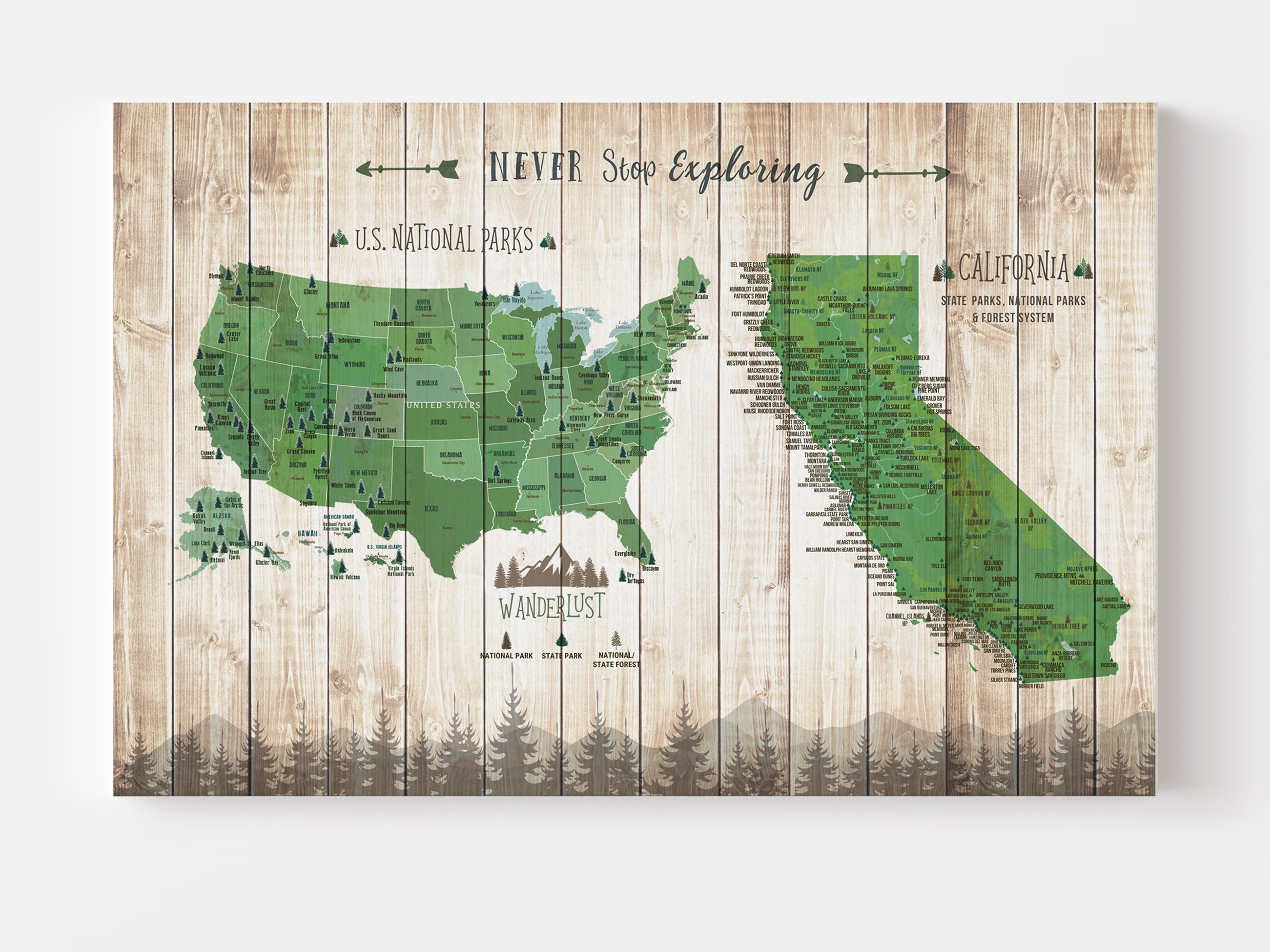 California State Park and USA National Park map, push pin tracker board Canvas