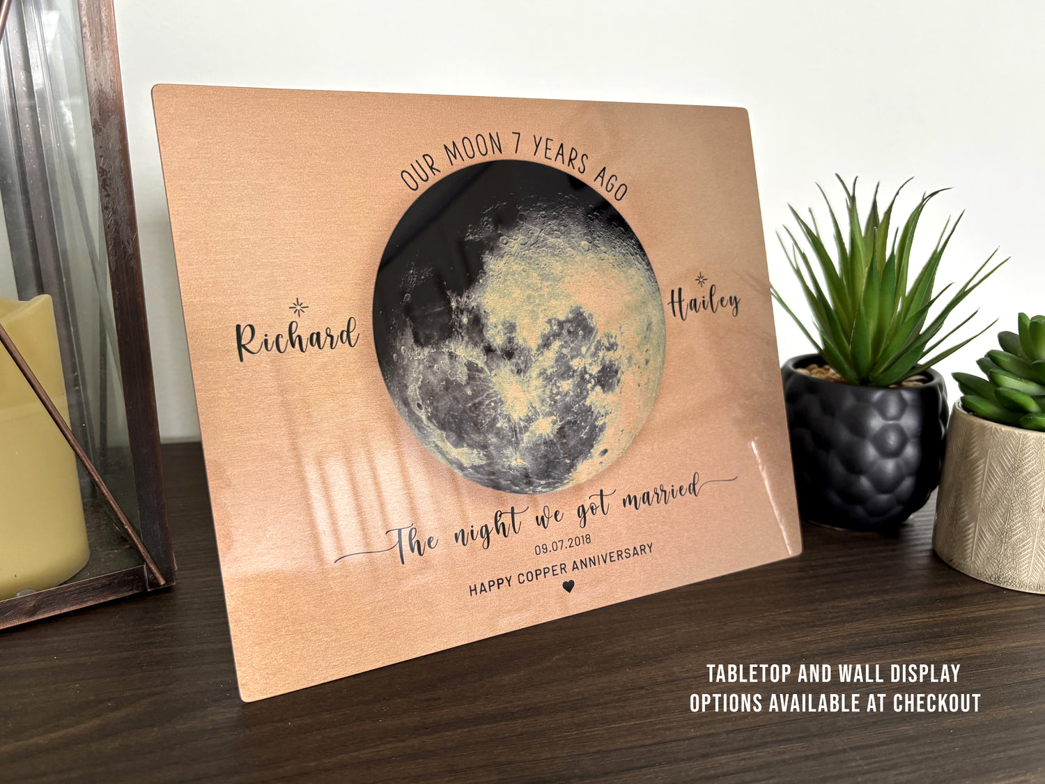 7 Year Anniversary Gift for Him — Personalized Copper Moon Phase Print on Metal