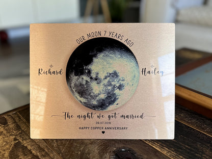 7 Year Anniversary Gift for Him — Personalized Copper Moon Phase Print on Metal