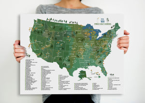 PUBLIC Golf Course, 100 PUBLIC Courses in the USA, Push Pin CANVAS Map OrderDesk 