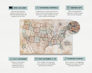Push Pin Map of USA, Canvas Wall Art, Rustic Explorer Map World Vibe Studio 