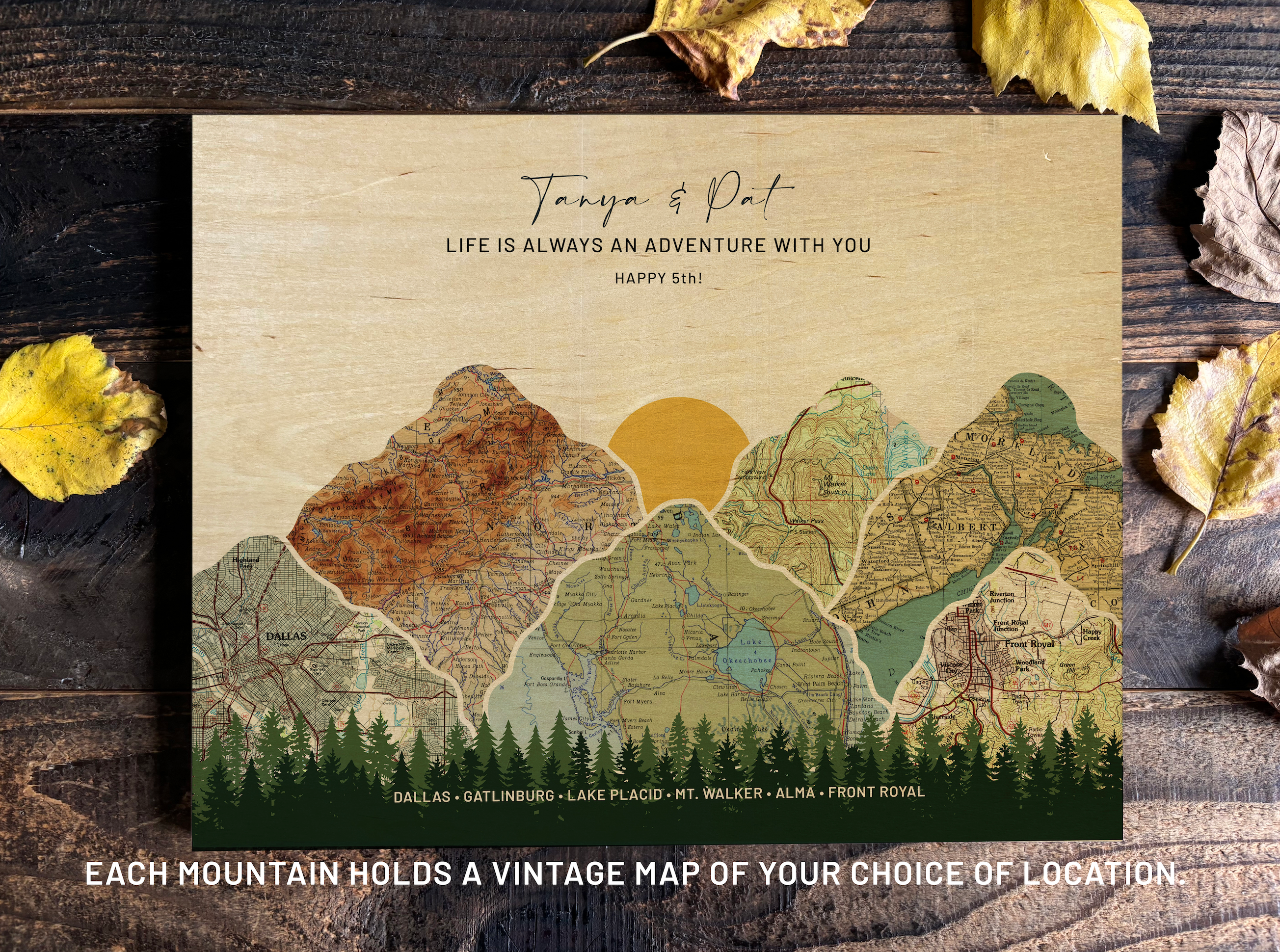 Personalized 5th Anniversary Wood Gift — Custom Adventure Map Gift for Him or Her