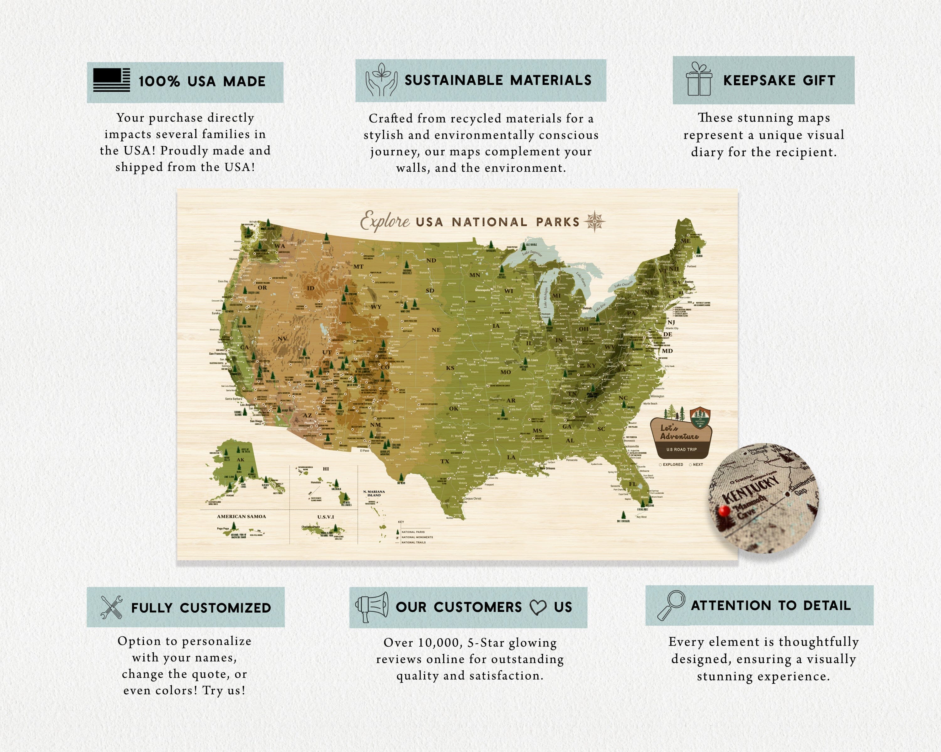 National Park Map, Includes National Monuments and Trails, Push Pin, Earthy CANVAS Map Map World Vibe Studio 