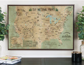 National Park Map, Rustic Map of 63 National Parks of USA, Rustic Framed Push Pin CANVAS Map World Vibe Studio 