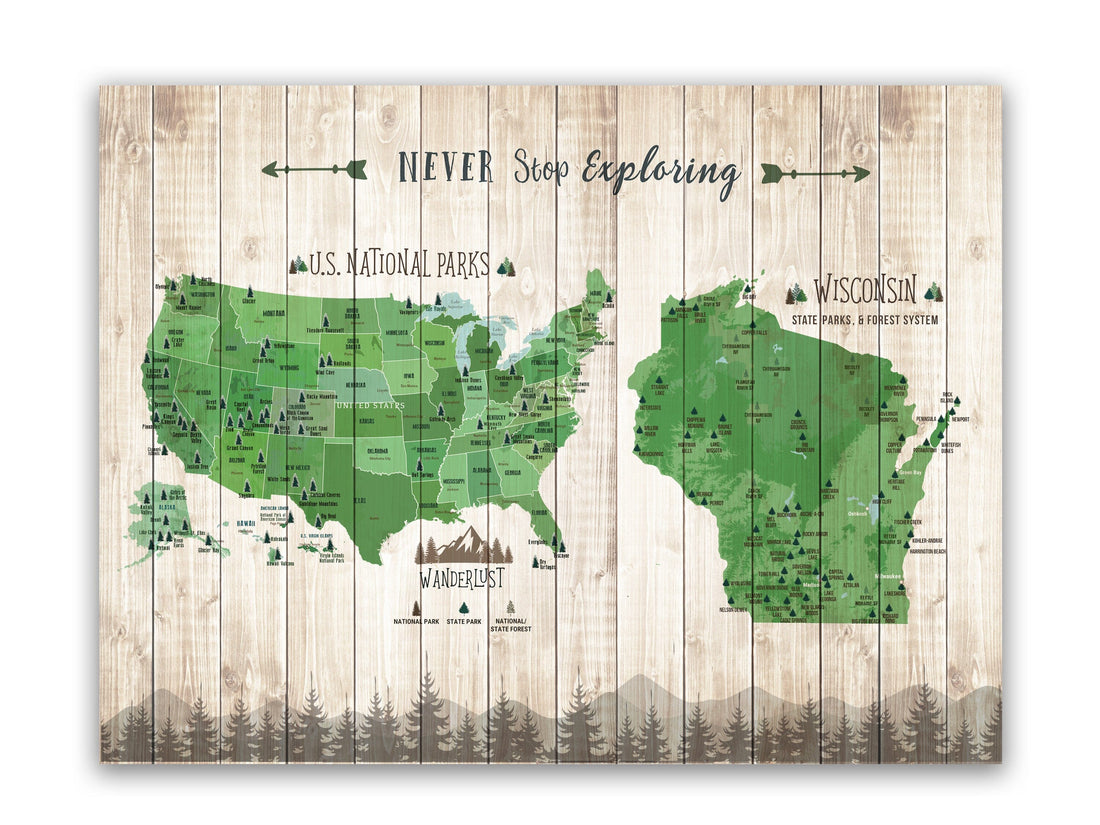National Park and Wisconsin State Park Map Art, Combo, Pin Board Map World Vibe Studio 