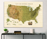 National Park Map, Includes National Monuments and Trails, Push Pin, Earthy CANVAS Map Map World Vibe Studio 18X24 WRAPPED 
