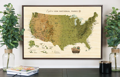 National Park Map, Includes National Monuments and Trails, Push Pin, Earthy CANVAS Map Map World Vibe Studio 18X24 FRAMED 