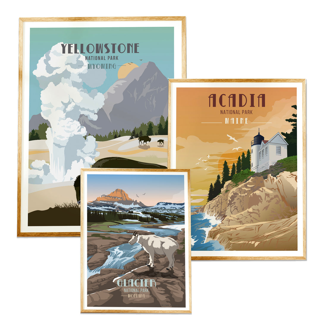 USA NAtional Parks of America Poster set, Acadia, Yellowstone, Yosemite in retro style