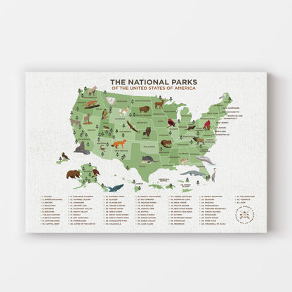 National Park Map, Wild Animals Poster of USA, 63 National Parks, Push Pin CANVAS Map World Vibe Studio 