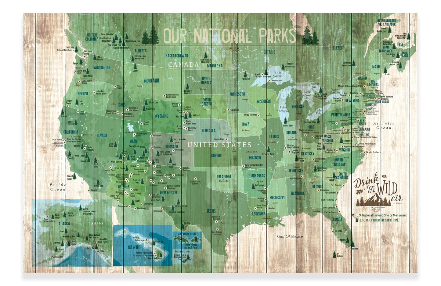 National Parks Map, Map of USA, Push Pin Board CANVAS Map World Vibe Studio 