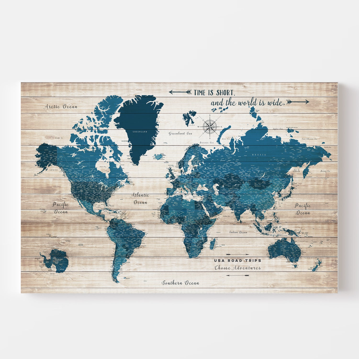 World Map Wall Art Canvas, Push Pin Map, Rustic Blue