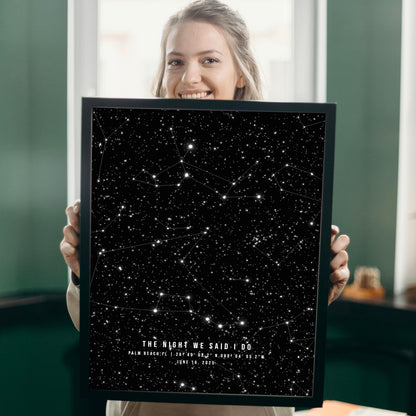 Person holding a framed star map poster with constellations. 1st paper anniversary gift