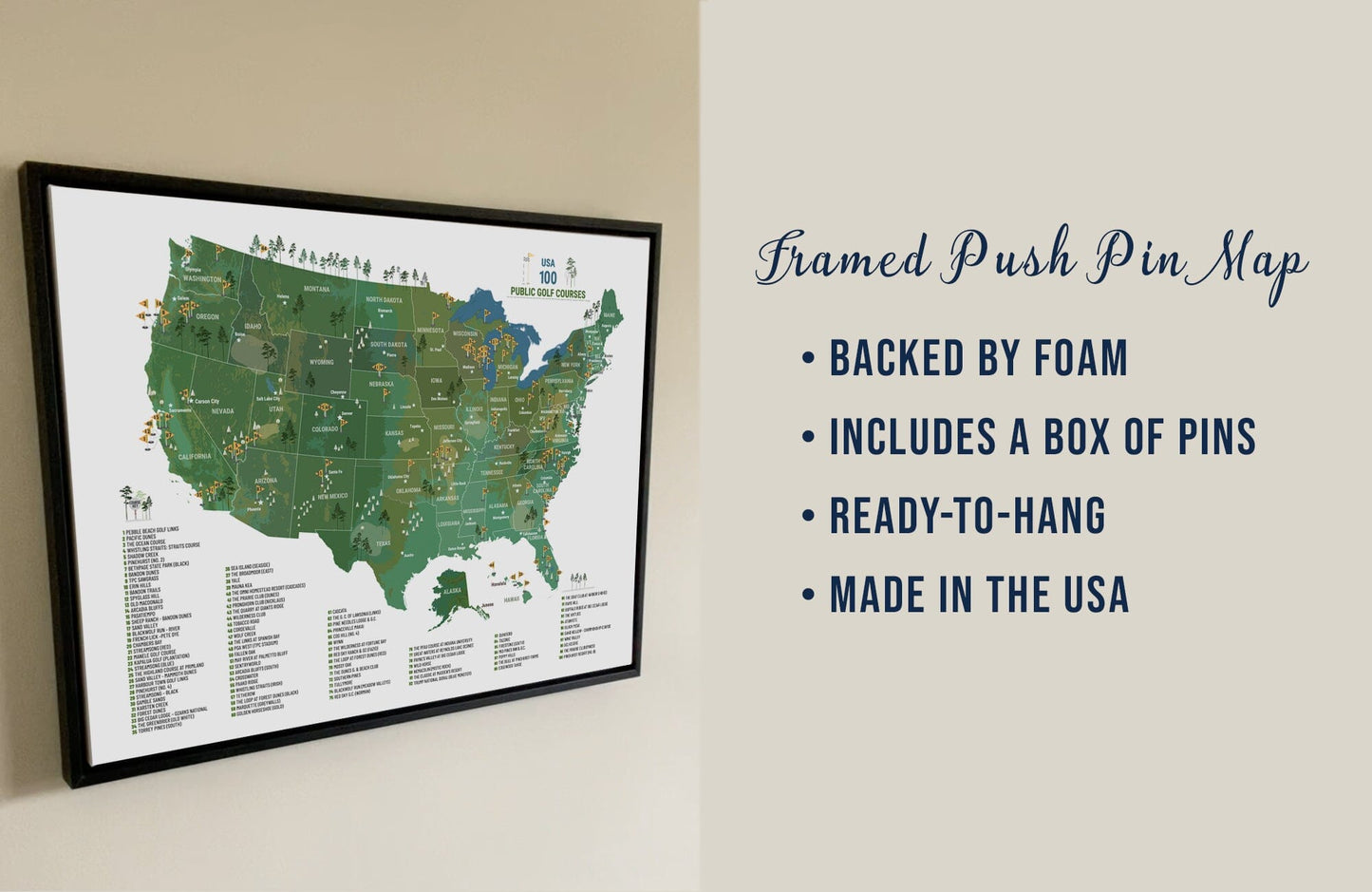 Top 100 PUBLIC Golf Map of USA, BLACK FRAMED CANVAS, Push Pin Board Map OrderDesk 18X24 Green 