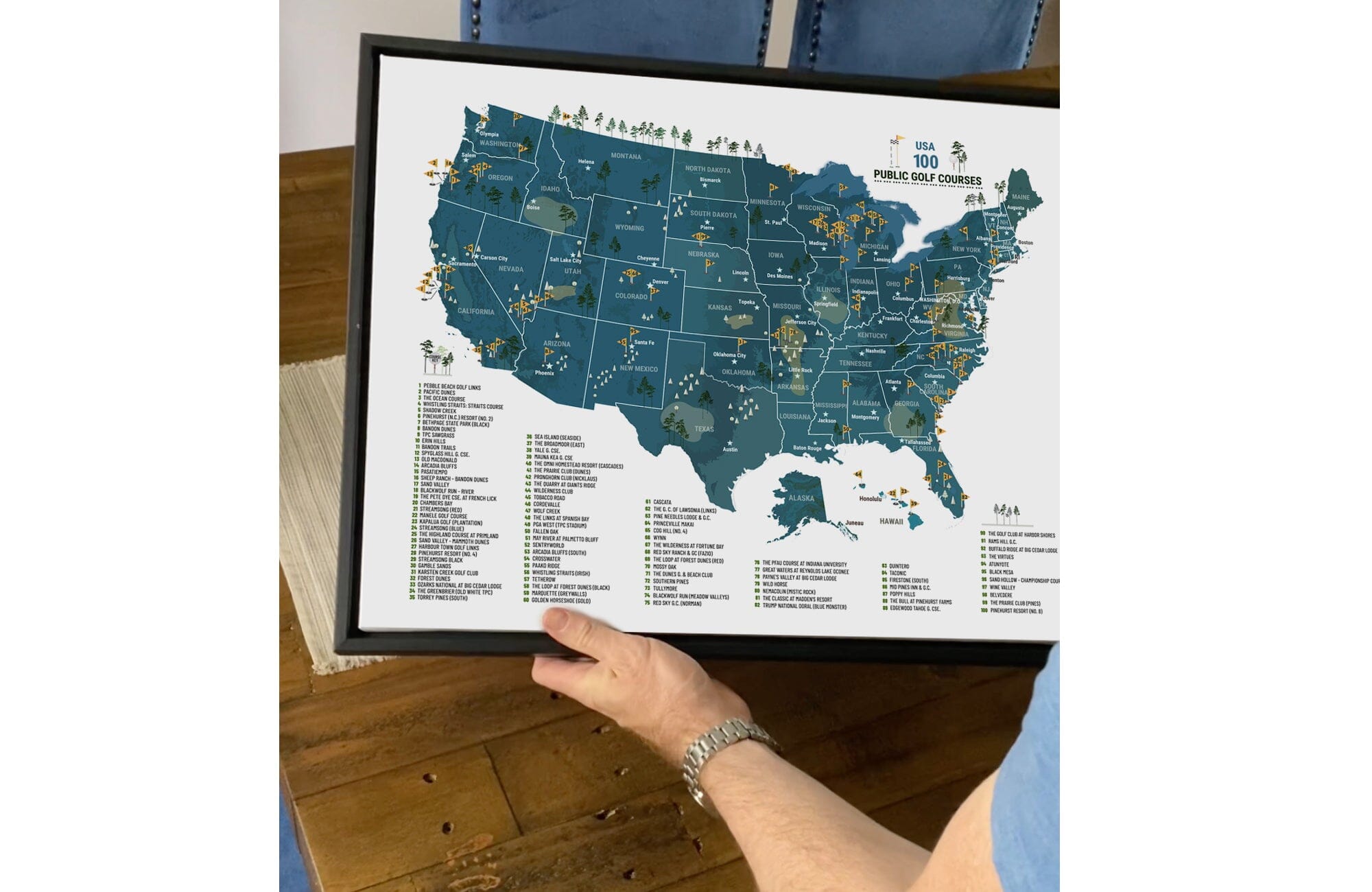 Top 100 PUBLIC Golf Map of USA, BLACK FRAMED CANVAS, Push Pin Board Map OrderDesk 18X24 Navy 