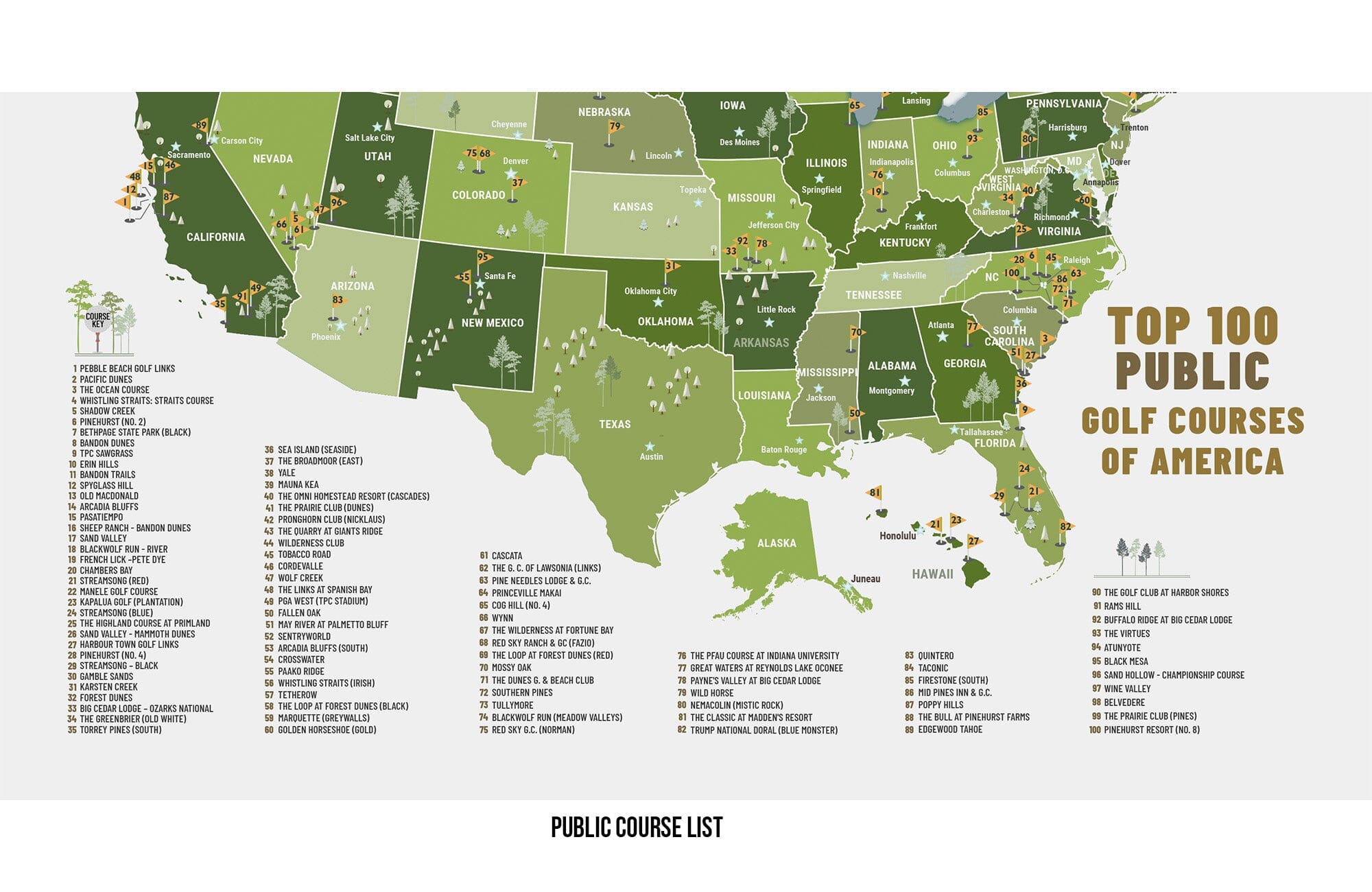 TOP 100 Golf Courses, Public and Private Golf Club CANVAS, Push Pin Map, Combined Maps, NEW! Map World Vibe Studio 