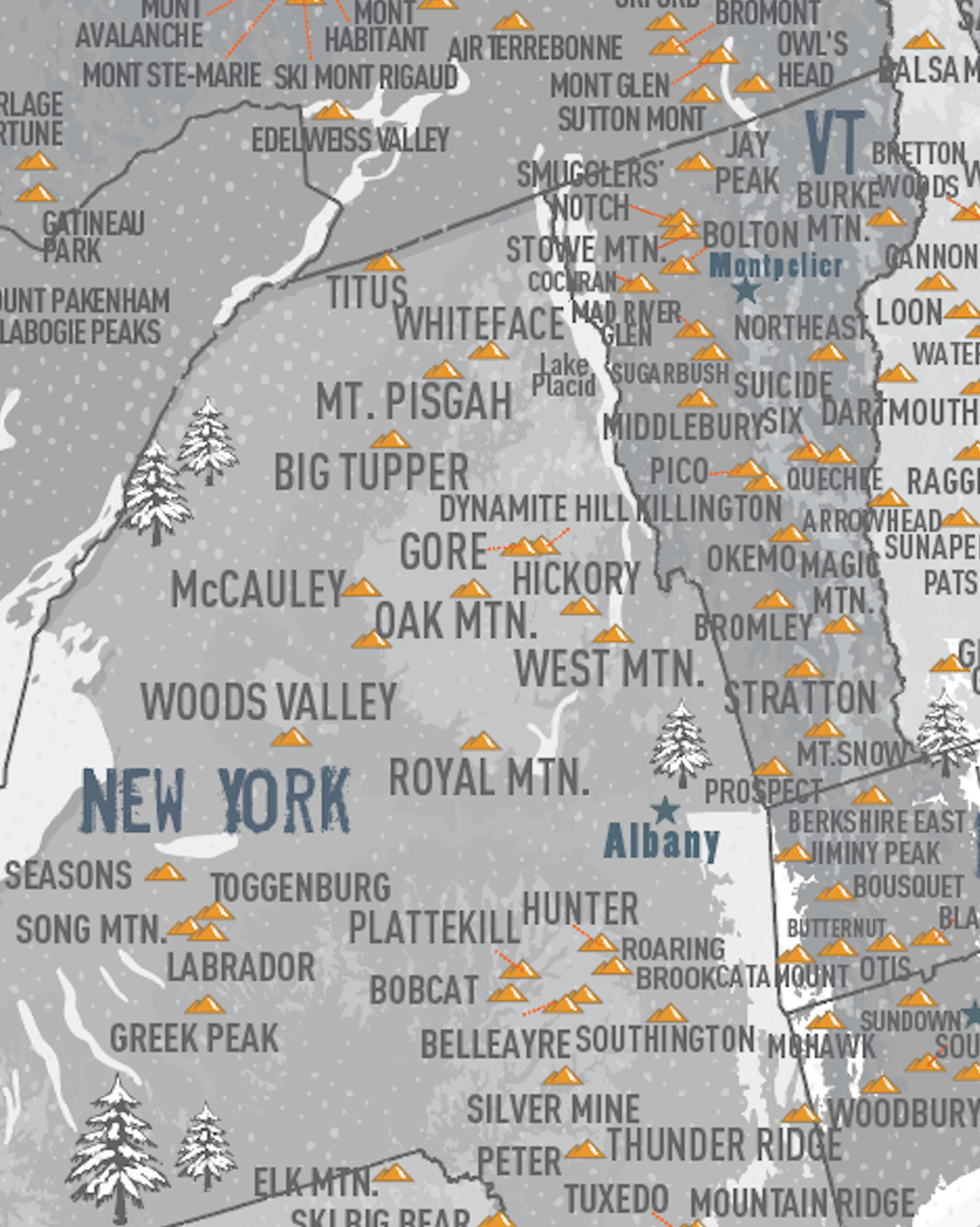 Northeast Ski Map of USA, PERSONALIZED CANVAS, Push Pin Wall Art