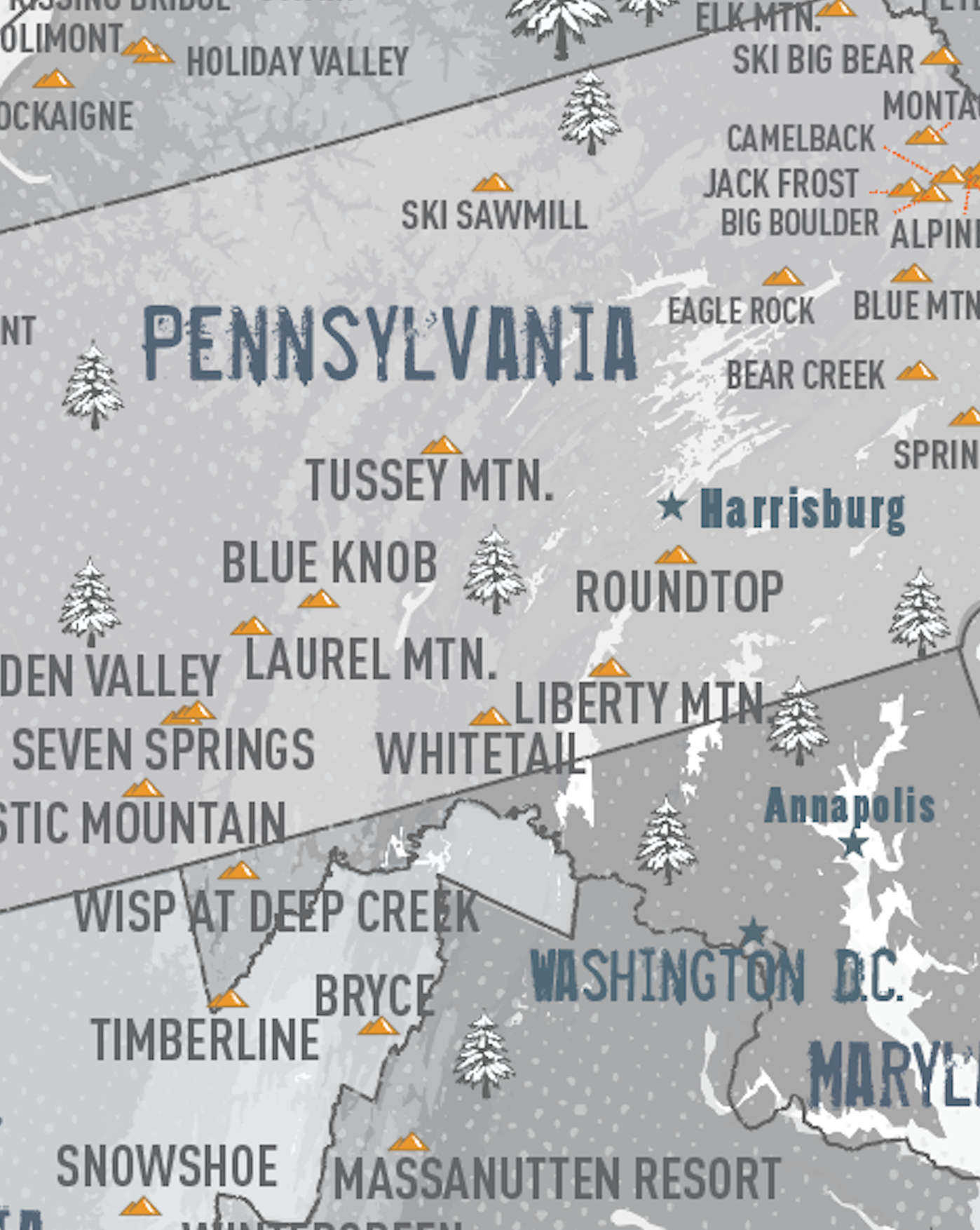 Northeast Ski Map of USA, PERSONALIZED CANVAS, Push Pin Wall Art