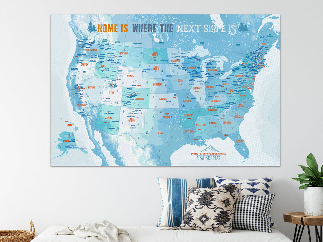 Ski Map of USA, CANVAS PUSH PIN MAP, Pin Board Wall Map, Snowboarding Map World Vibe Studio 18X24 Ski-Blue 