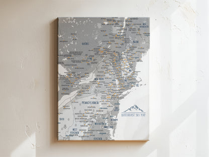 Northeast Ski Map of USA, PERSONALIZED CANVAS, Push Pin Wall Art