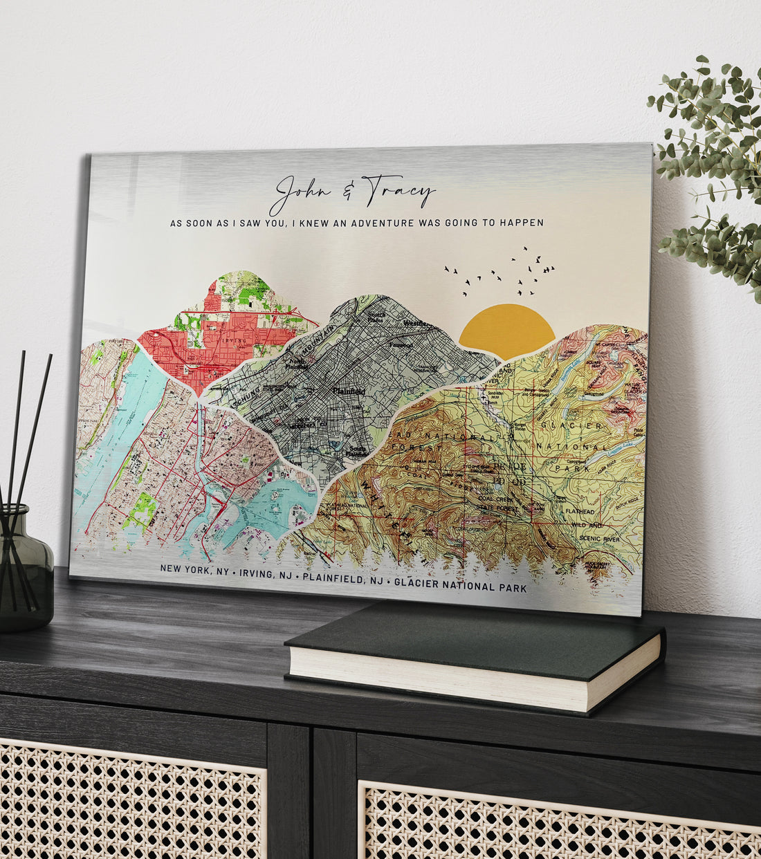 10 year Anniversary Gift printed on metal for husband or wife, shows mountains with maps and sun